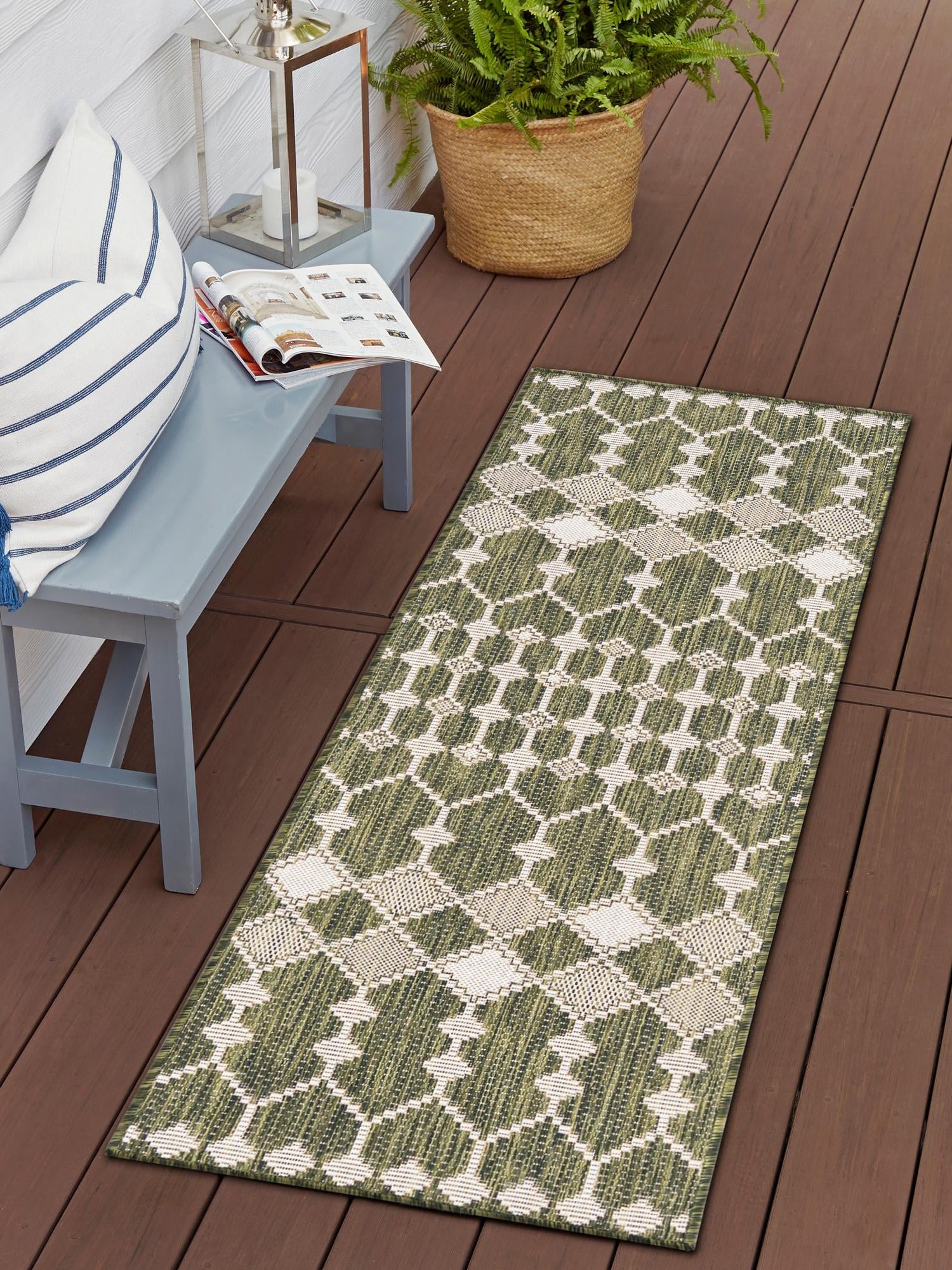 Green 2' x 6' 1 Outdoor Trellis Runner Area Rug Weather Resistant for Patio, Deck, Terrace, Balcony, Porch Geometric Design Water Safe Outside Carpet for Sale at Rug Engine