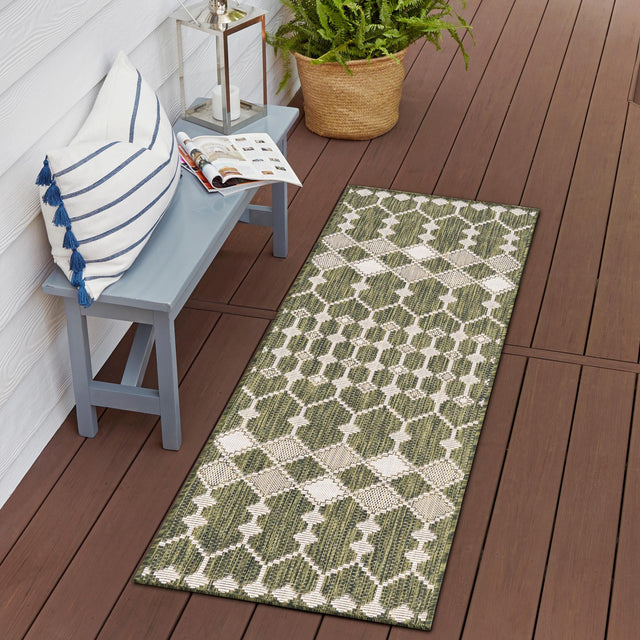 Green 2' x 6' 1 Outdoor Trellis Runner Area Rug Weather Resistant for Patio, Deck, Terrace, Balcony, Porch Geometric Design Water Safe Outside Carpet for Sale at Rug Engine