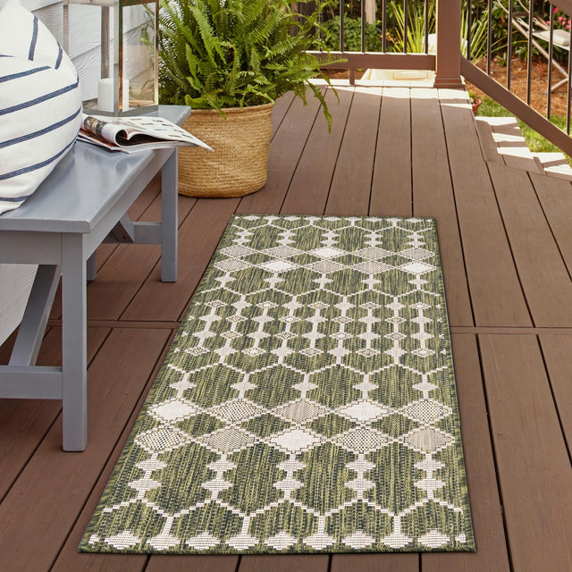 Green 2' x 8' Outdoor Trellis Runner Area Rug Weather Resistant for Patio, Deck, Terrace, Balcony, Porch Geometric Design Water Safe Outside Carpet for Sale at Rug Engine