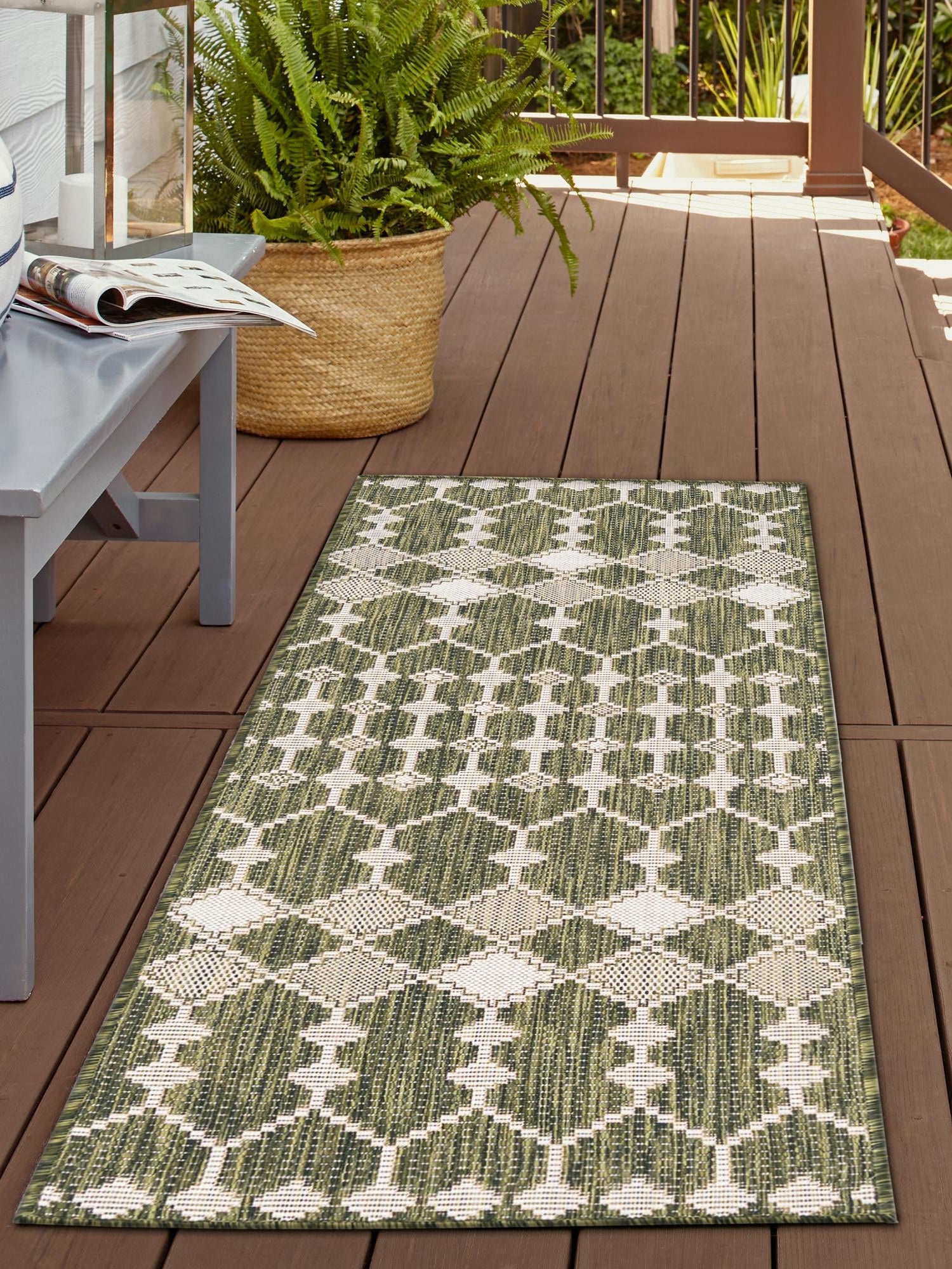 Green 2' x 6' 1 Outdoor Trellis Runner Area Rug Weather Resistant for Patio, Deck, Terrace, Balcony, Porch Geometric Design Water Safe Outside Carpet for Sale at Rug Engine