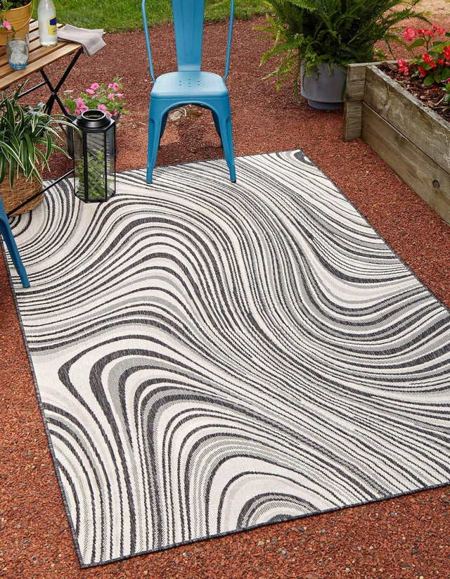 Charcoal Ivory 5' 3 x 8' Outdoor Modern Rectangle Area Rug Weather Resistant for Patio, Deck, Terrace, Balcony, Porch 100% Polypropylene Modern Outside Carpet for Sale at Rug Engine