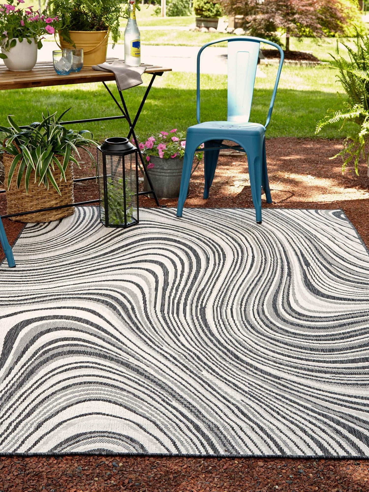 Charcoal Ivory 5' 3 x 8' Outdoor Modern Rectangle Area Rug Weather Resistant for Patio, Deck, Terrace, Balcony, Porch 100% Polypropylene Modern Outside Carpet for Sale at Rug Engine