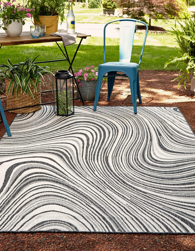 Charcoal Ivory 5' 3 x 8' Outdoor Modern Rectangle Area Rug Weather Resistant for Patio, Deck, Terrace, Balcony, Porch 100% Polypropylene Modern Outside Carpet for Sale at Rug Engine