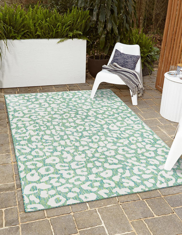 Green Blue 5' 3 x 7' 1 Outdoor Safari Rectangle Area Rug Weather Resistant for Patio, Deck, Terrace, Balcony, Porch Animal Print Wildlife Nature Carpet for Sale at Rug Engine