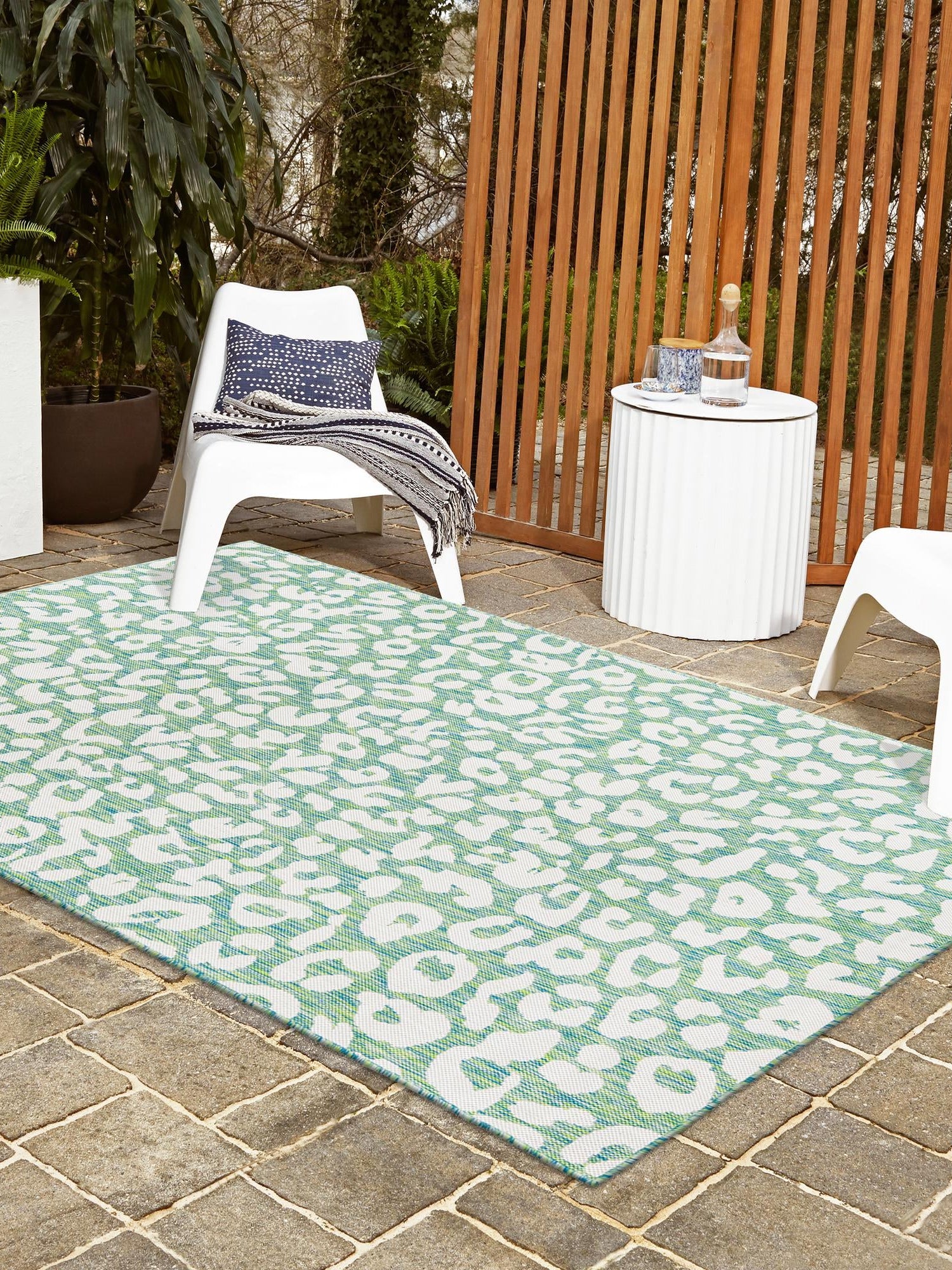Green Blue 6' 1 x 9' Outdoor Safari Rectangle Area Rug Weather Resistant for Patio, Deck, Terrace, Balcony, Porch Animal Print Wildlife Nature Carpet for Sale at Rug Engine