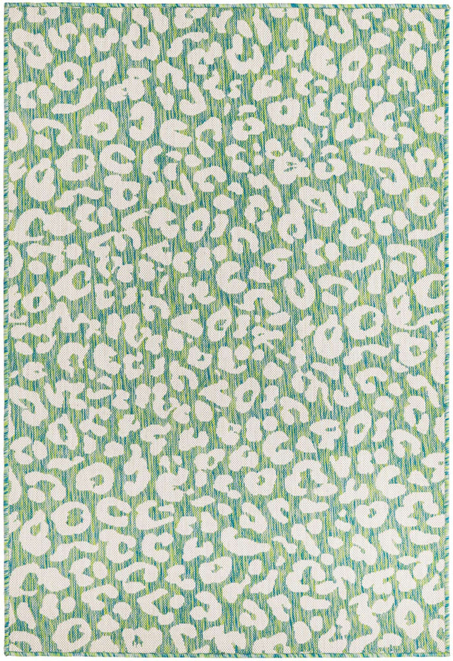 Green Blue 4' 1 x 6' 1 Outdoor Safari Rectangle Area Rug Weather Resistant for Patio, Deck, Terrace, Balcony, Porch Animal Print Wildlife Nature Carpet for Sale at Rug Engine