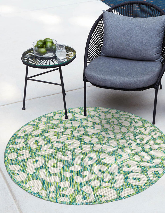 Green Blue 6' 1 x 6' 1 Outdoor Safari Round Area Rug Weather Resistant for Patio, Deck, Terrace, Balcony, Porch Animal Print Wildlife Nature Carpet for Sale at Rug Engine