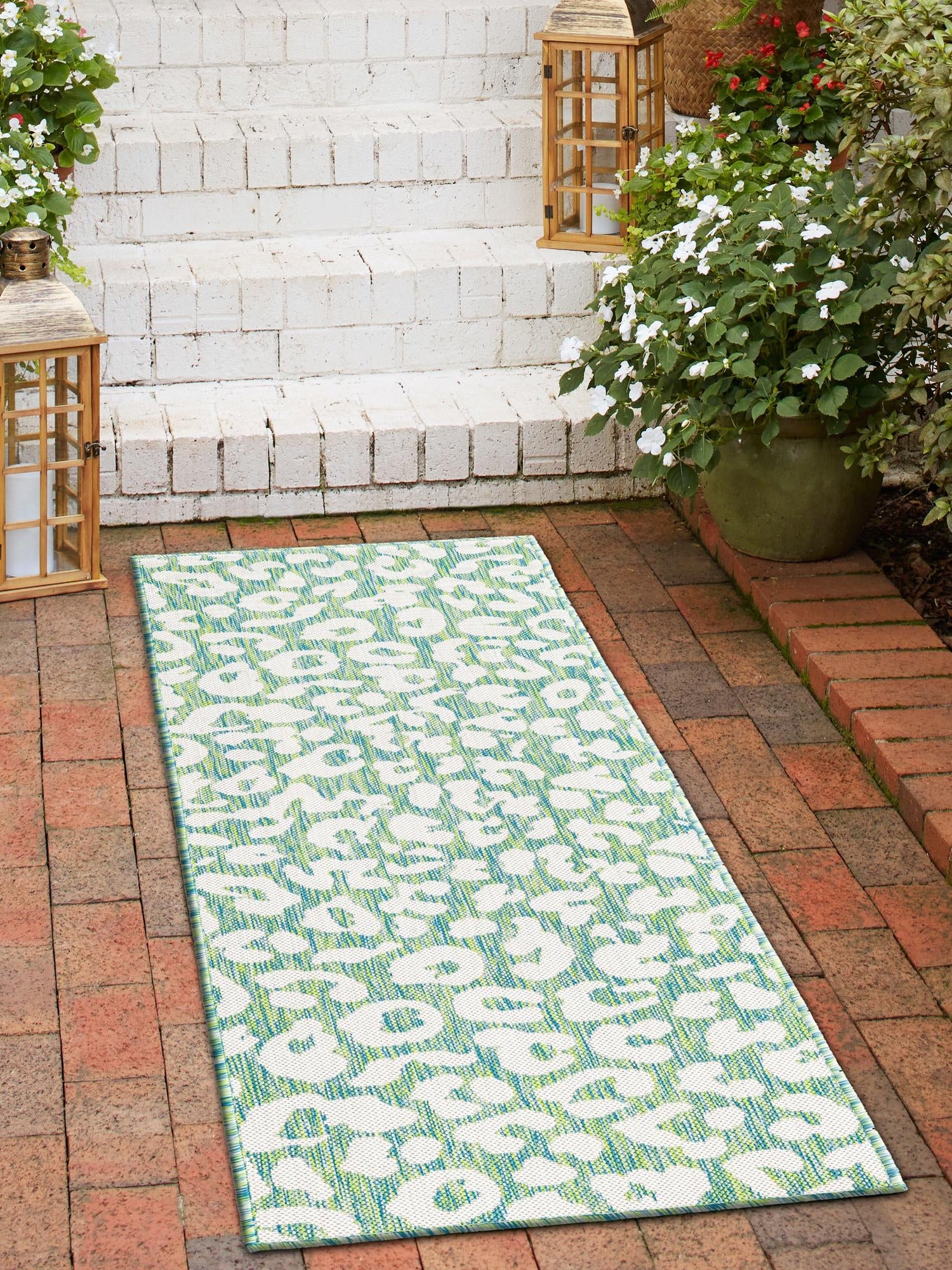 Green Blue 2' 7 x 10' Outdoor Safari Runner Area Rug Weather Resistant for Patio, Deck, Terrace, Balcony, Porch Animal Print Wildlife Nature Carpet for Sale at Rug Engine