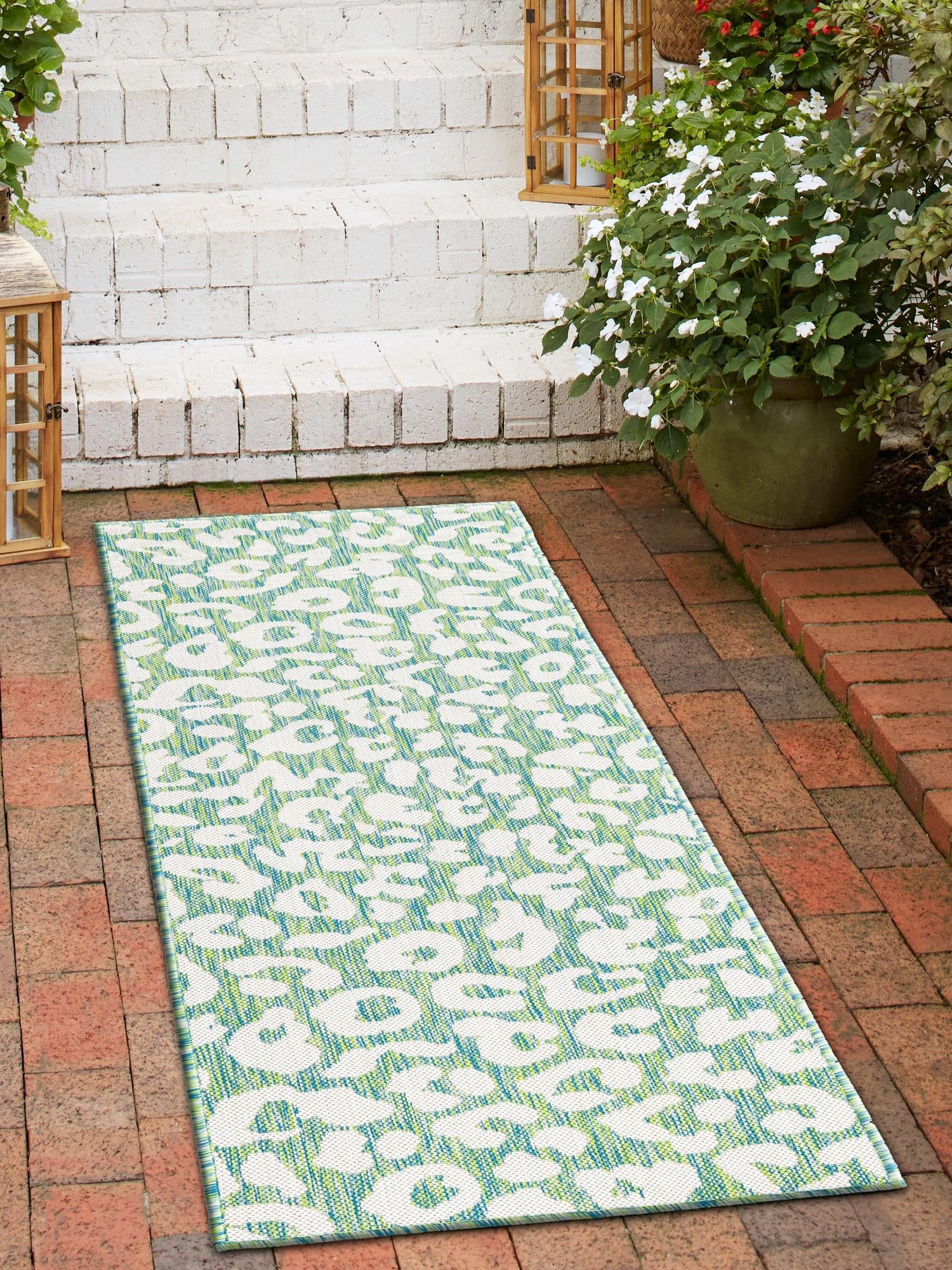 Green Blue 2' 7 x 10' Outdoor Safari Runner Area Rug Weather Resistant for Patio, Deck, Terrace, Balcony, Porch Animal Print Wildlife Nature Carpet for Sale at Rug Engine