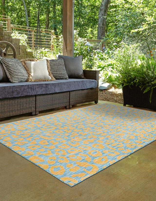 Blue Yellow 7' 10 x 11' Outdoor Safari Rectangle Area Rug Weather Resistant for Patio, Deck, Terrace, Balcony, Porch Animal Print Wildlife Nature Carpet for Sale at Rug Engine