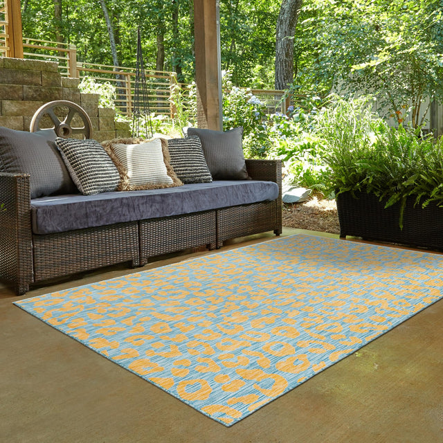 Blue Yellow 5' 3 x 8' Outdoor Safari Rectangle Area Rug Weather Resistant for Patio, Deck, Terrace, Balcony, Porch Animal Print Wildlife Nature Carpet for Sale at Rug Engine