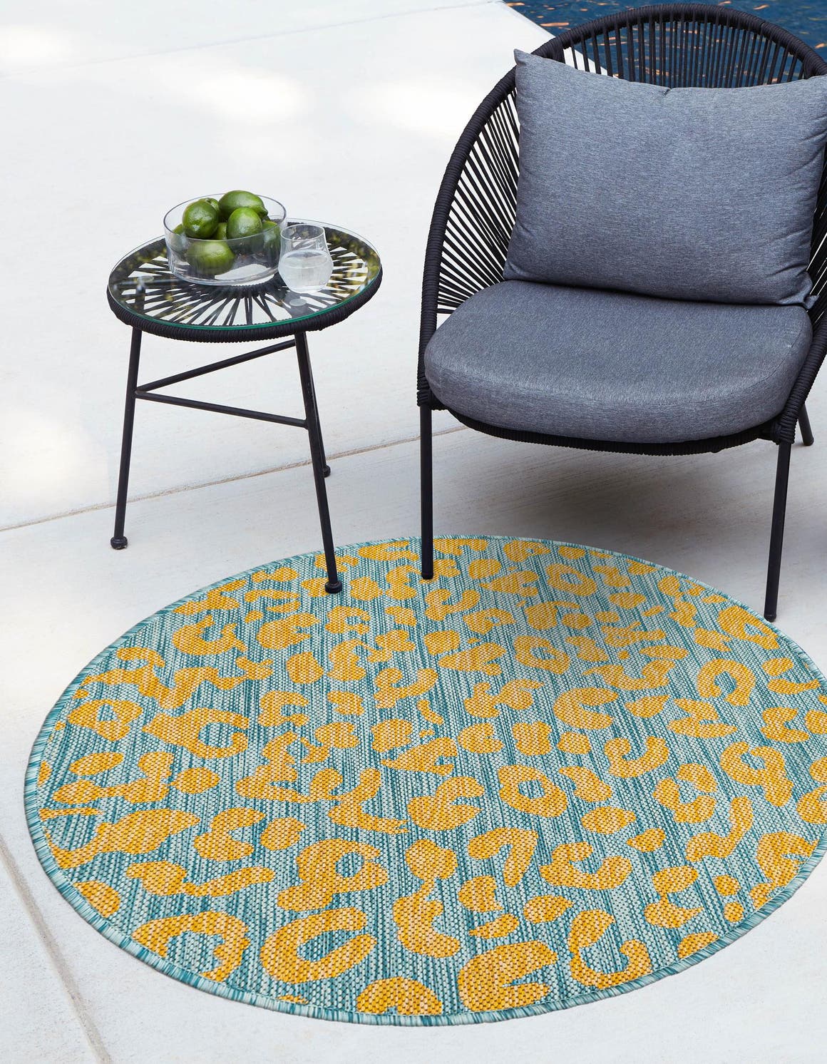 Blue Yellow 13' 1 x 13' 1 Outdoor Safari Round Area Rug Weather Resistant for Patio, Deck, Terrace, Balcony, Porch Animal Print Wildlife Nature Carpet for Sale at Rug Engine