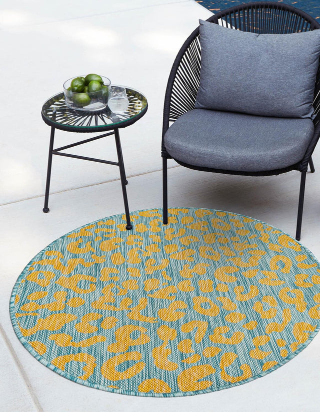 Blue Yellow 13' 1 x 13' 1 Outdoor Safari Round Area Rug Weather Resistant for Patio, Deck, Terrace, Balcony, Porch Animal Print Wildlife Nature Carpet for Sale at Rug Engine