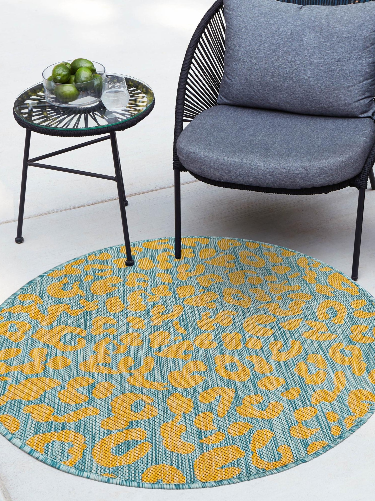 Blue Yellow 4' 1 x 4' 1 Outdoor Safari Round Area Rug Weather Resistant for Patio, Deck, Terrace, Balcony, Porch Animal Print Wildlife Nature Carpet for Sale at Rug Engine