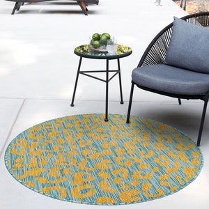 Blue Yellow 4' 1 x 4' 1 Outdoor Safari Round Area Rug Weather Resistant for Patio, Deck, Terrace, Balcony, Porch Animal Print Wildlife Nature Carpet for Sale at Rug Engine