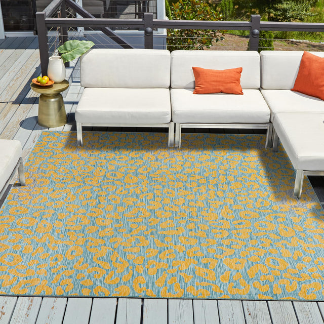 Blue Yellow 10' x 10' Outdoor Safari Square Area Rug Weather Resistant for Patio, Deck, Terrace, Balcony, Porch Animal Print Wildlife Nature Carpet for Sale at Rug Engine