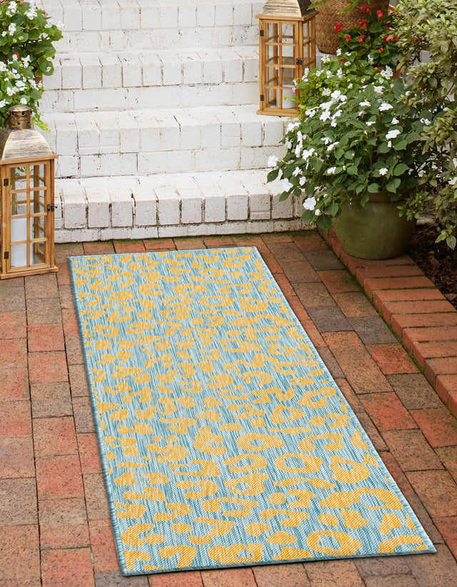 Blue Yellow 2' 7 x 10' Outdoor Safari Runner Area Rug Weather Resistant for Patio, Deck, Terrace, Balcony, Porch Animal Print Wildlife Nature Carpet for Sale at Rug Engine