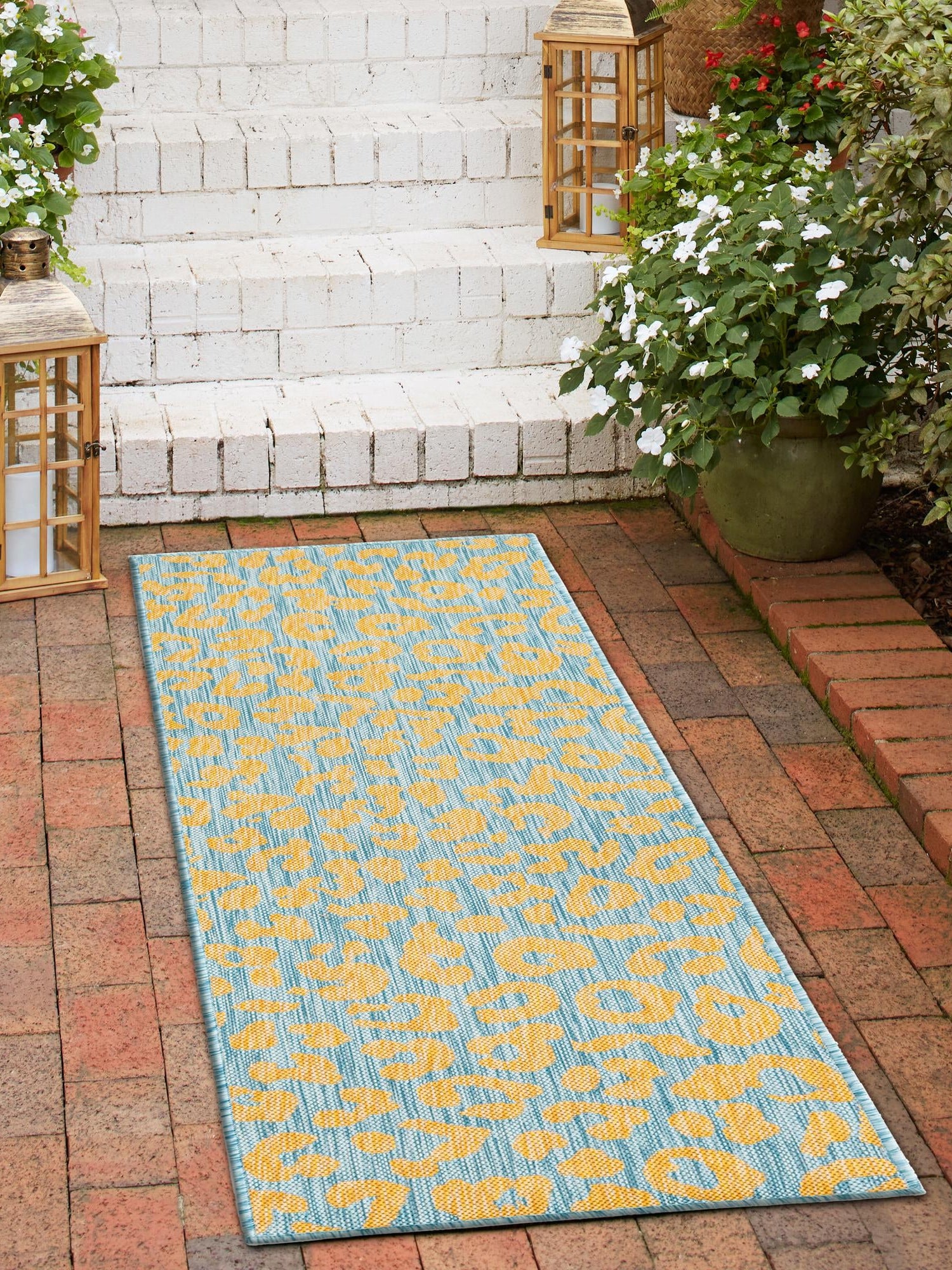 Blue Yellow 2' x 6' 1 Outdoor Safari Runner Area Rug Weather Resistant for Patio, Deck, Terrace, Balcony, Porch Animal Print Wildlife Nature Carpet for Sale at Rug Engine