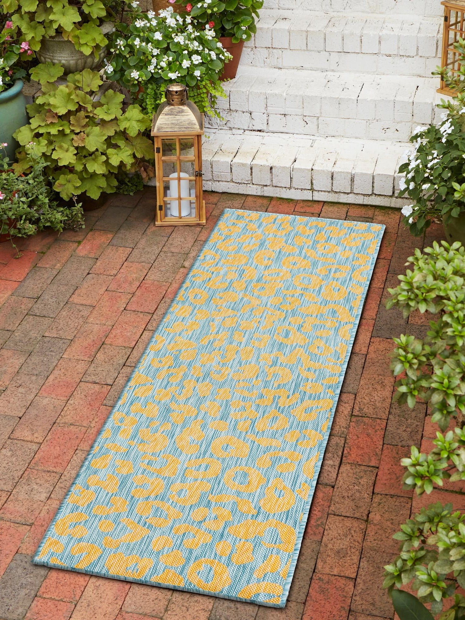 Blue Yellow 2' x 8' Outdoor Safari Runner Area Rug Weather Resistant for Patio, Deck, Terrace, Balcony, Porch Animal Print Wildlife Nature Carpet for Sale at Rug Engine