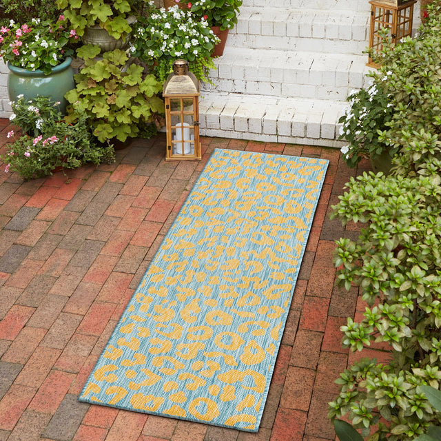 Blue Yellow 2' x 8' Outdoor Safari Runner Area Rug Weather Resistant for Patio, Deck, Terrace, Balcony, Porch Animal Print Wildlife Nature Carpet for Sale at Rug Engine