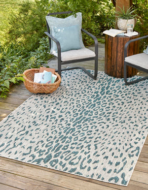 Teal 7' 10 x 11' Outdoor Safari Rectangle Area Rug Weather Resistant for Patio, Deck, Terrace, Balcony, Porch Animal Print Wildlife Nature Carpet for Sale at Rug Engine