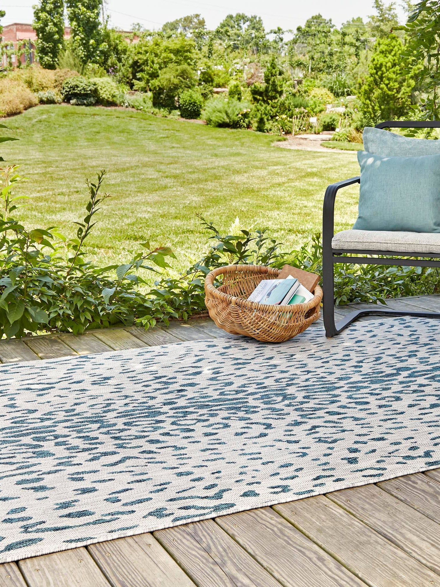 Teal 9' x 12' Outdoor Safari Rectangle Area Rug Weather Resistant for Patio, Deck, Terrace, Balcony, Porch Animal Print Wildlife Nature Carpet for Sale at Rug Engine