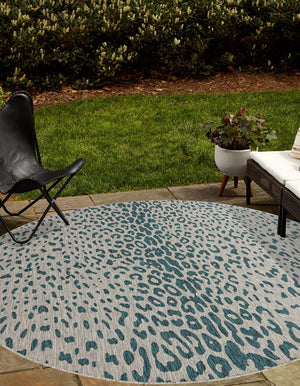 Teal 13' 1 x 13' 1 Outdoor Safari Round Area Rug Weather Resistant for Patio, Deck, Terrace, Balcony, Porch Animal Print Wildlife Nature Carpet for Sale at Rug Engine