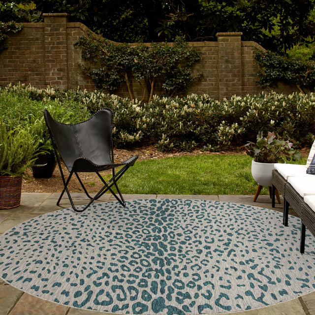 Teal 10' x 10' Outdoor Safari Round Area Rug Weather Resistant for Patio, Deck, Terrace, Balcony, Porch Animal Print Wildlife Nature Carpet for Sale at Rug Engine
