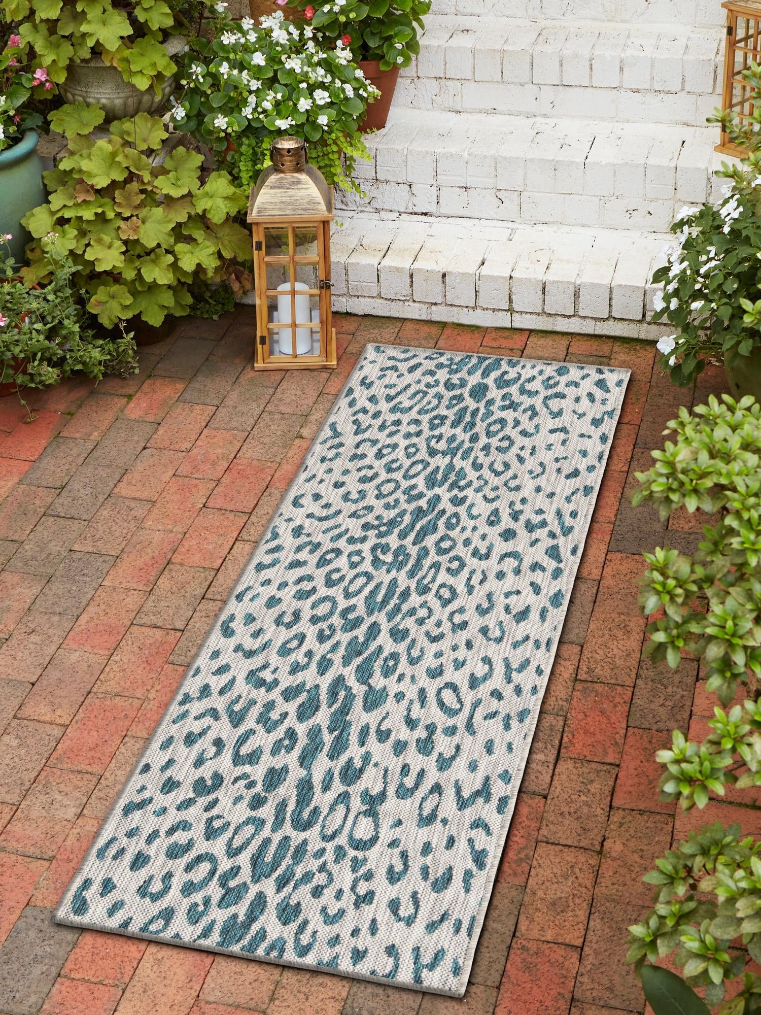 Teal 2' 7 x 10' Outdoor Safari Runner Area Rug Weather Resistant for Patio, Deck, Terrace, Balcony, Porch Animal Print Wildlife Nature Carpet for Sale at Rug Engine