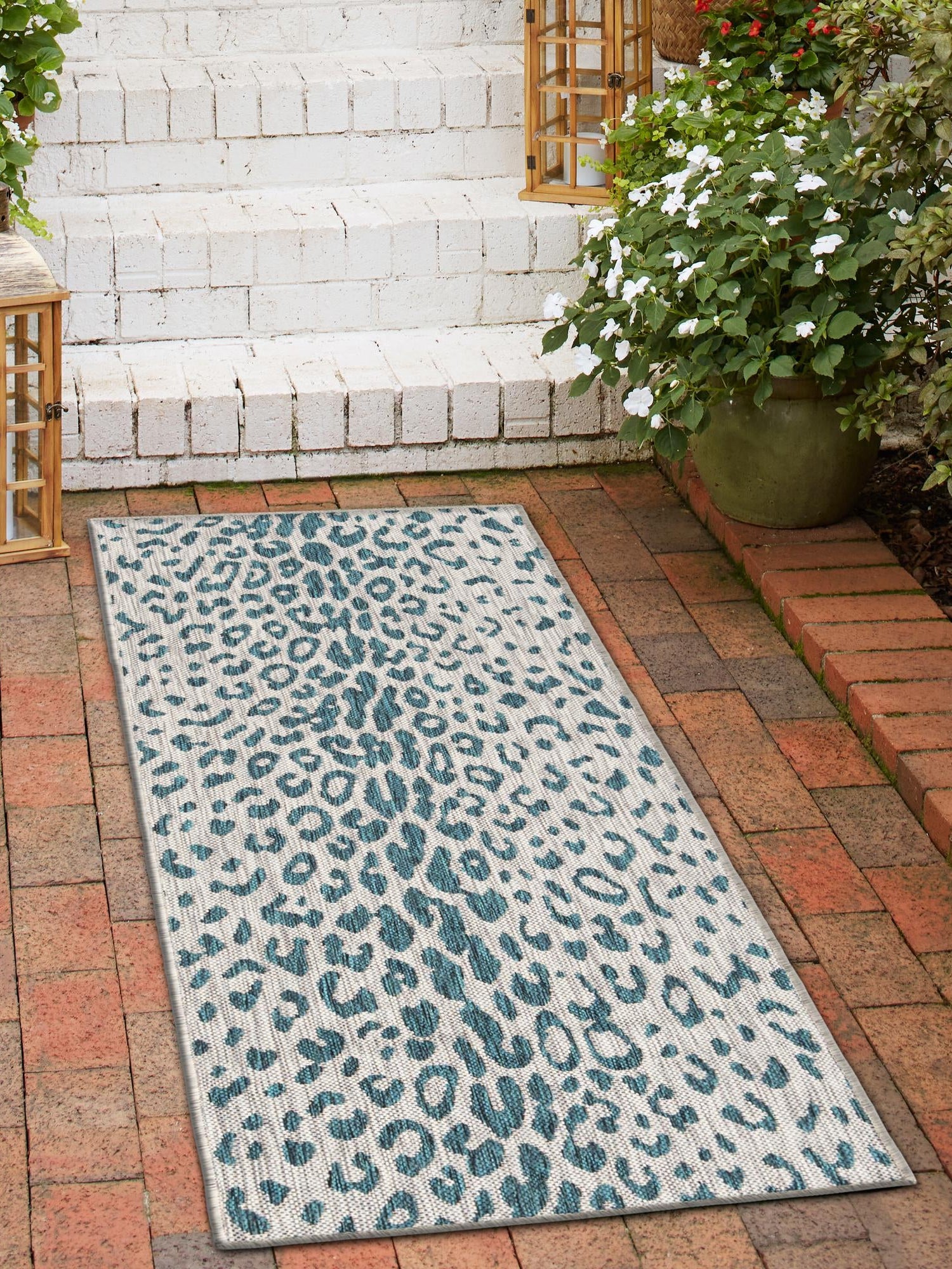 Teal 2' x 6' 1 Outdoor Safari Runner Area Rug Weather Resistant for Patio, Deck, Terrace, Balcony, Porch Animal Print Wildlife Nature Carpet for Sale at Rug Engine