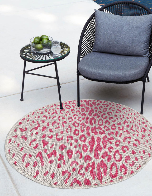Pink Gray 4' 1 x 4' 1 Outdoor Safari Round Area Rug Weather Resistant for Patio, Deck, Terrace, Balcony, Porch Animal Print Wildlife Nature Carpet for Sale at Rug Engine