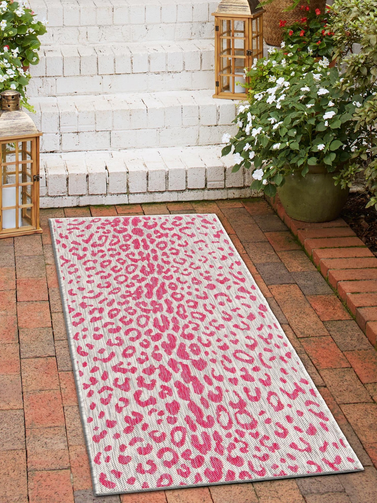 Pink Gray 2' 7 x 10' Outdoor Safari Runner Area Rug Weather Resistant for Patio, Deck, Terrace, Balcony, Porch Animal Print Wildlife Nature Carpet for Sale at Rug Engine