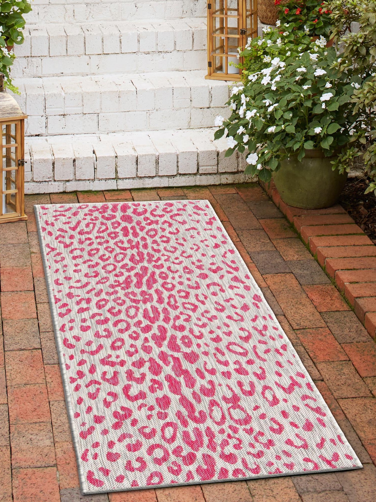 Pink Gray 2' x 8' Outdoor Safari Runner Area Rug Weather Resistant for Patio, Deck, Terrace, Balcony, Porch Animal Print Wildlife Nature Carpet for Sale at Rug Engine