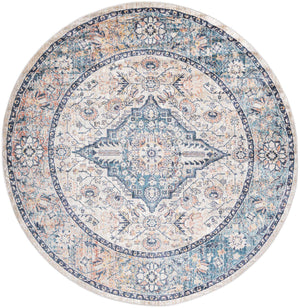 Blue 7' x 7' Lola Round Area Rug Polypropylene With Jute Backing Traditional Pattern Easy Clean Carpet for Home Interior Design for Sale at Rug Engine
