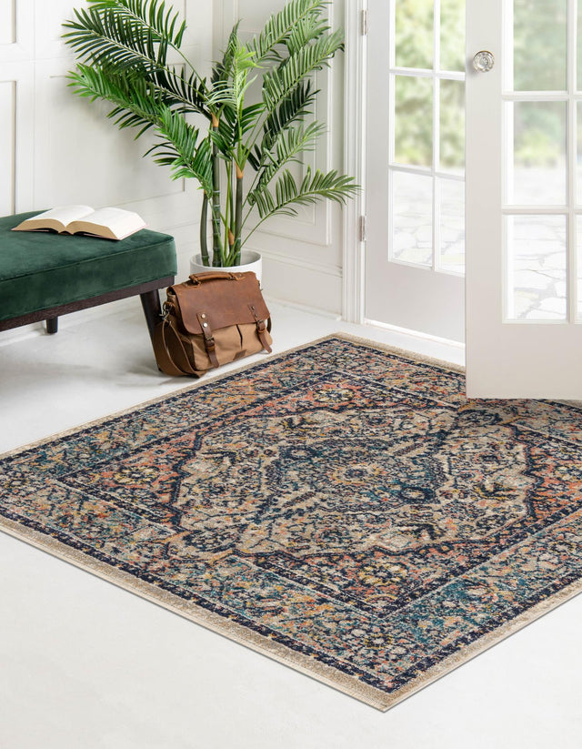 Blue 6' 1 x 6' 1 Lola Square Area Rug Polypropylene With Jute Backing Traditional Pattern Easy Clean Carpet for Home Interior Design for Sale at Rug Engine