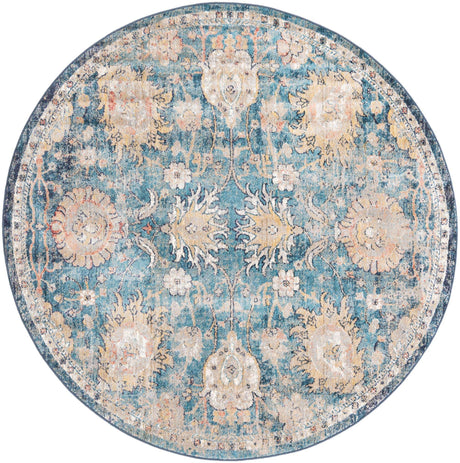 Blue 7' x 7' Lola Round Area Rug Polypropylene With Jute Backing Traditional Pattern Easy Clean Carpet for Home Interior Design for Sale at Rug Engine