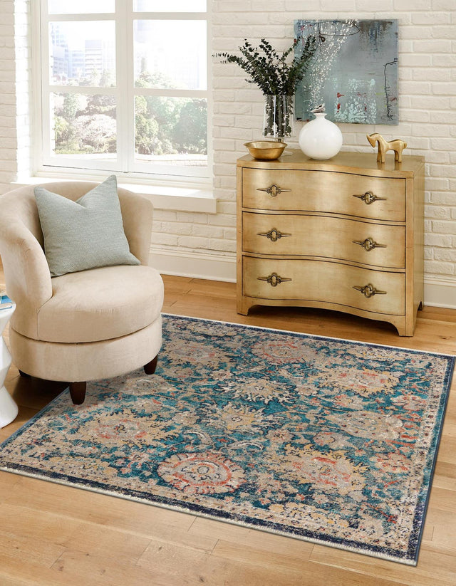 Blue 3' 11 x 3' 11 Lola Square Area Rug Polypropylene With Jute Backing Traditional Pattern Easy Clean Carpet for Home Interior Design for Sale at Rug Engine