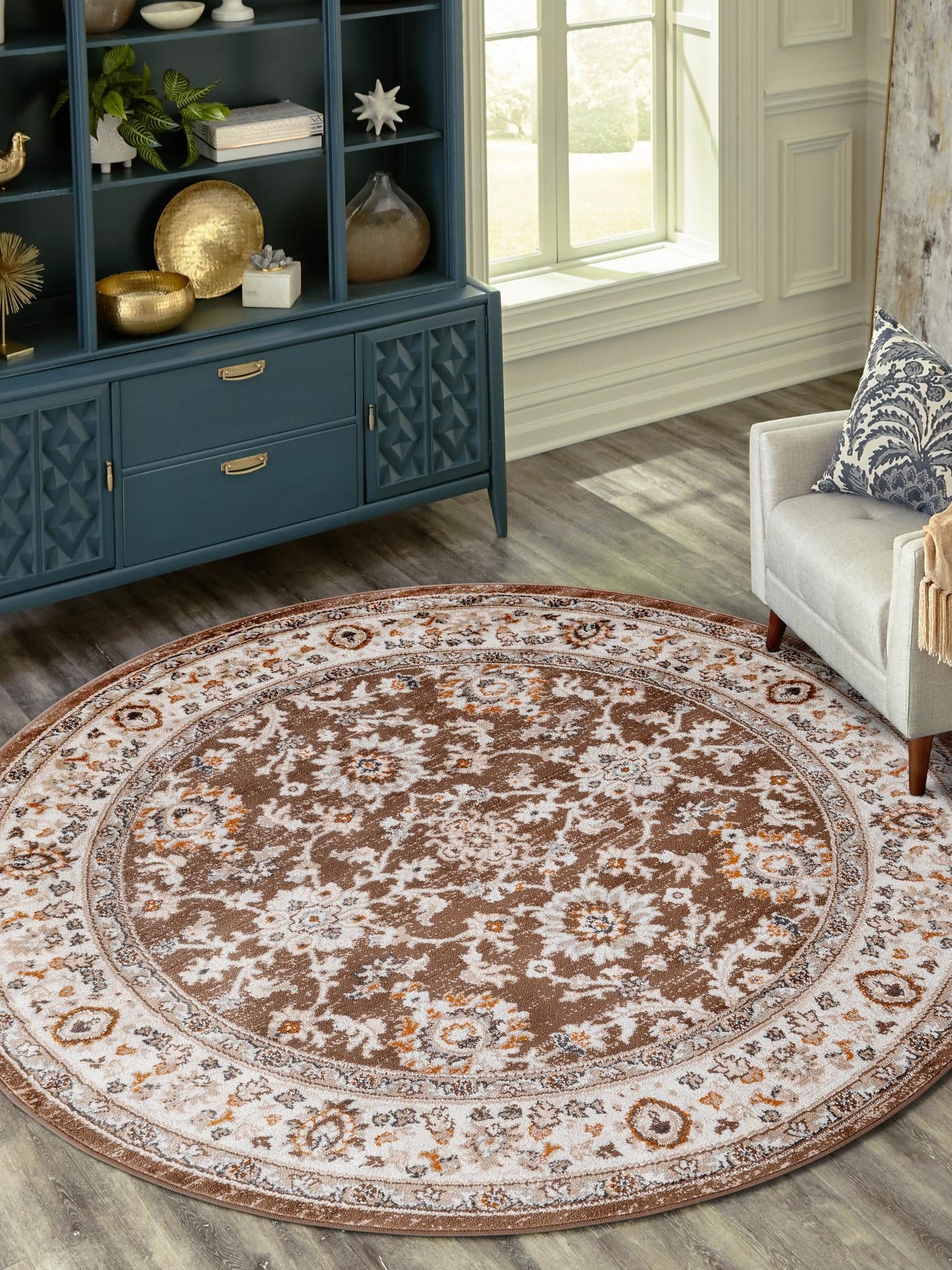 Brown 3' 1 x 3' 1 Charlotte Round Area Rug 100% Polypropylene With Jute Backing Traditional Classical Durable Carpet for Living Dining Office Rooms for Sale at Rug Engine