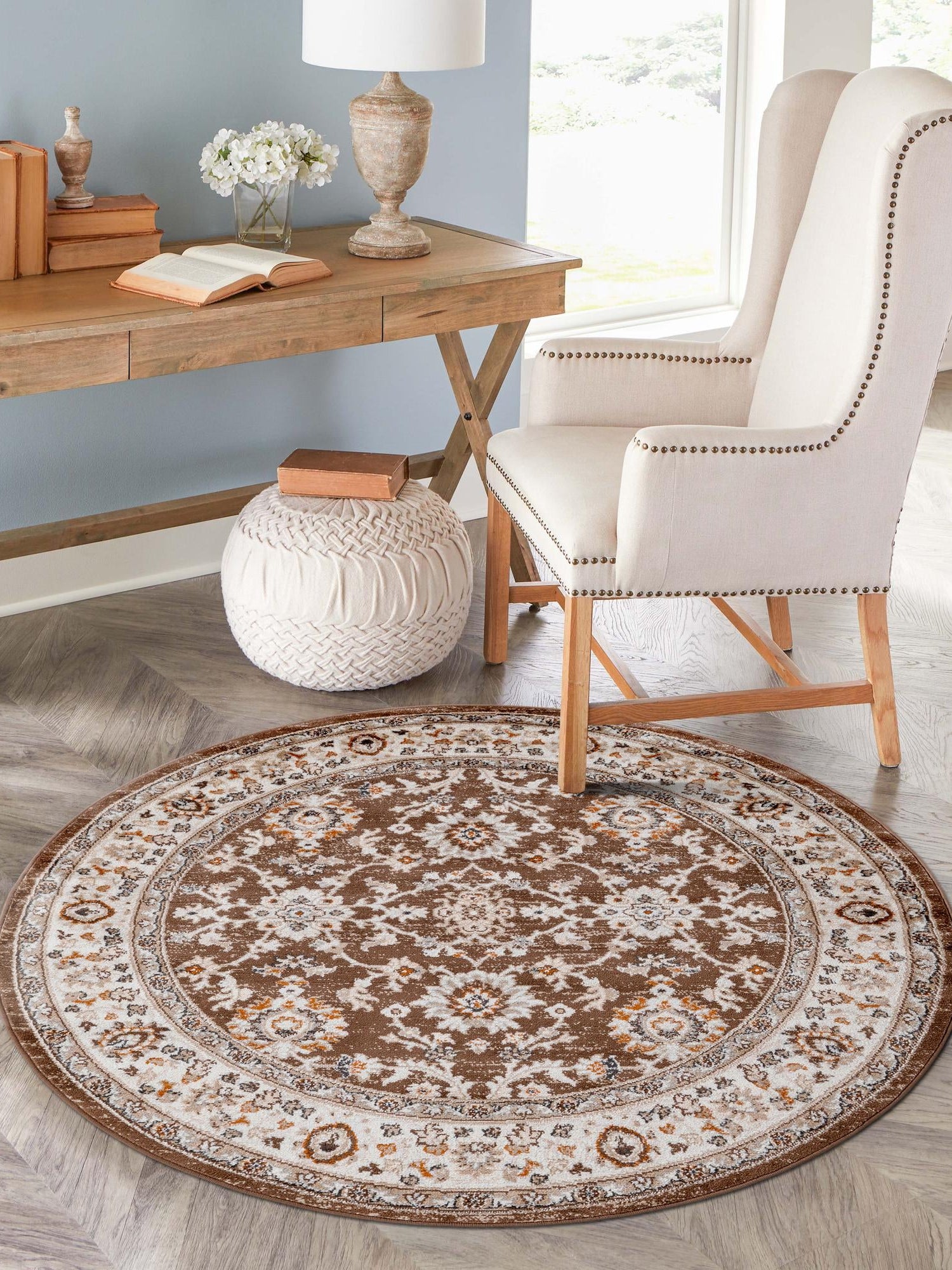 Brown 5' 3 x 5' 3 Charlotte Round Area Rug 100% Polypropylene With Jute Backing Traditional Classical Durable Carpet for Living Dining Office Rooms for Sale at Rug Engine