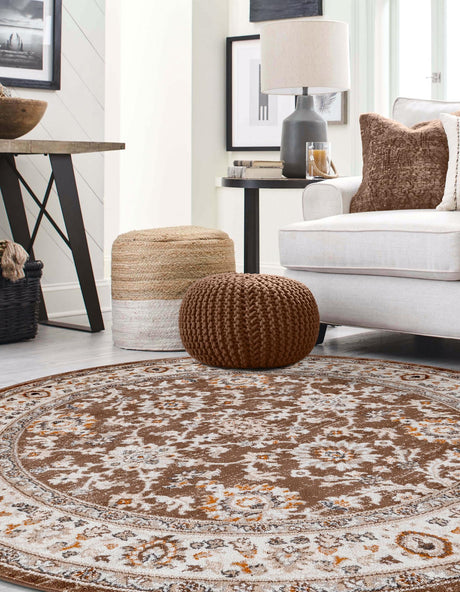 Brown 3' 1 x 3' 1 Charlotte Round Area Rug 100% Polypropylene With Jute Backing Traditional Classical Durable Carpet for Living Dining Office Rooms for Sale at Rug Engine