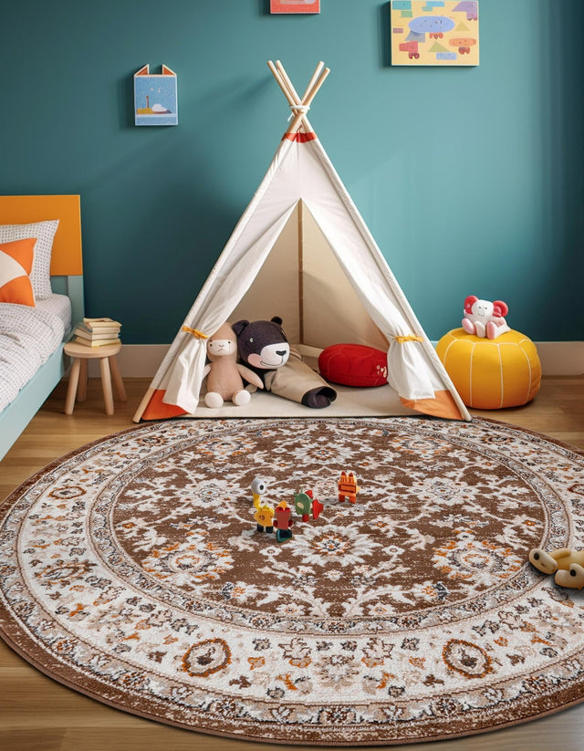 Brown 3' 1 x 3' 1 Charlotte Round Area Rug 100% Polypropylene With Jute Backing Traditional Classical Durable Carpet for Living Dining Office Rooms for Sale at Rug Engine