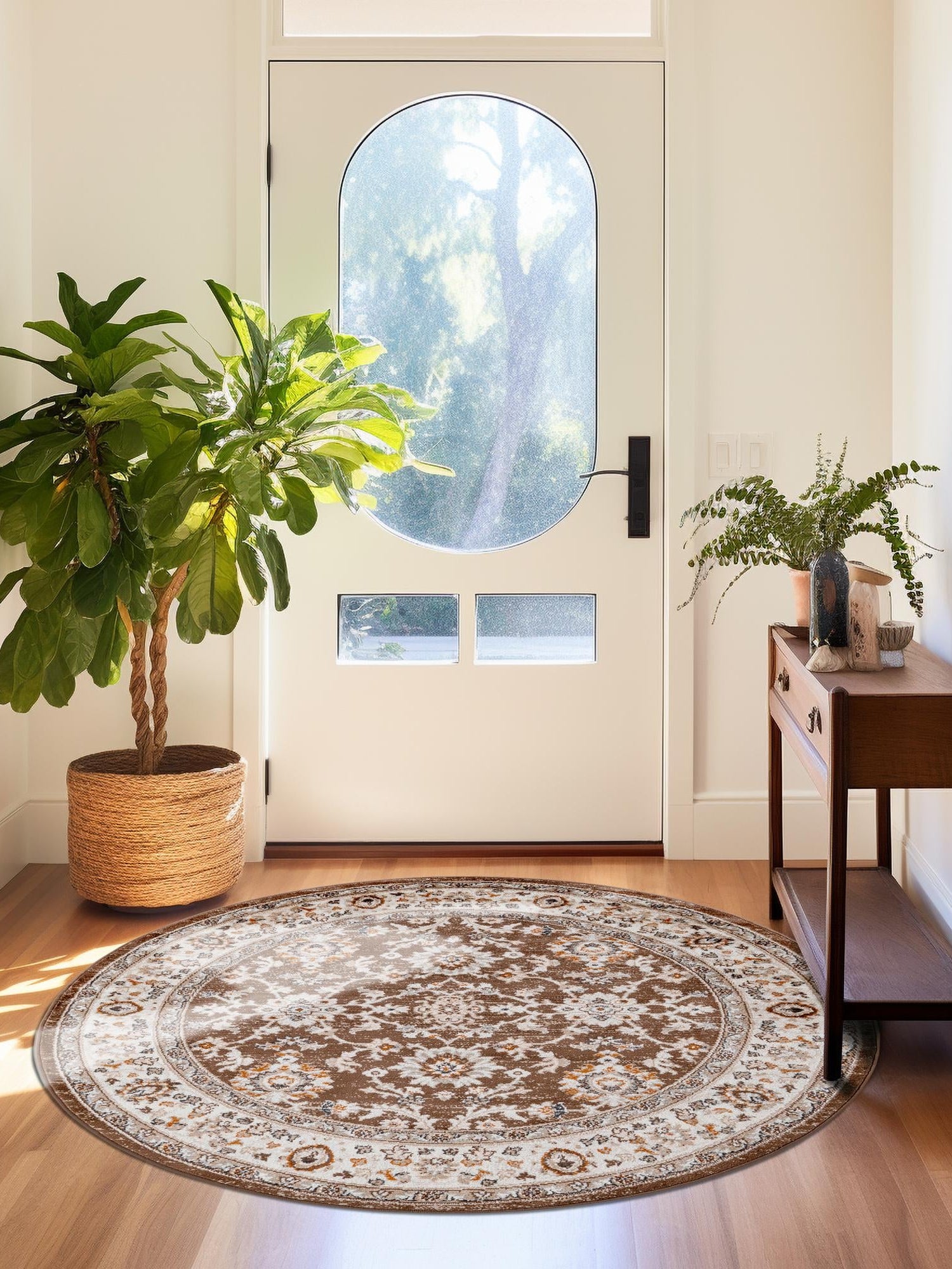 Brown 3' 1 x 3' 1 Charlotte Round Area Rug 100% Polypropylene With Jute Backing Traditional Classical Durable Carpet for Living Dining Office Rooms for Sale at Rug Engine