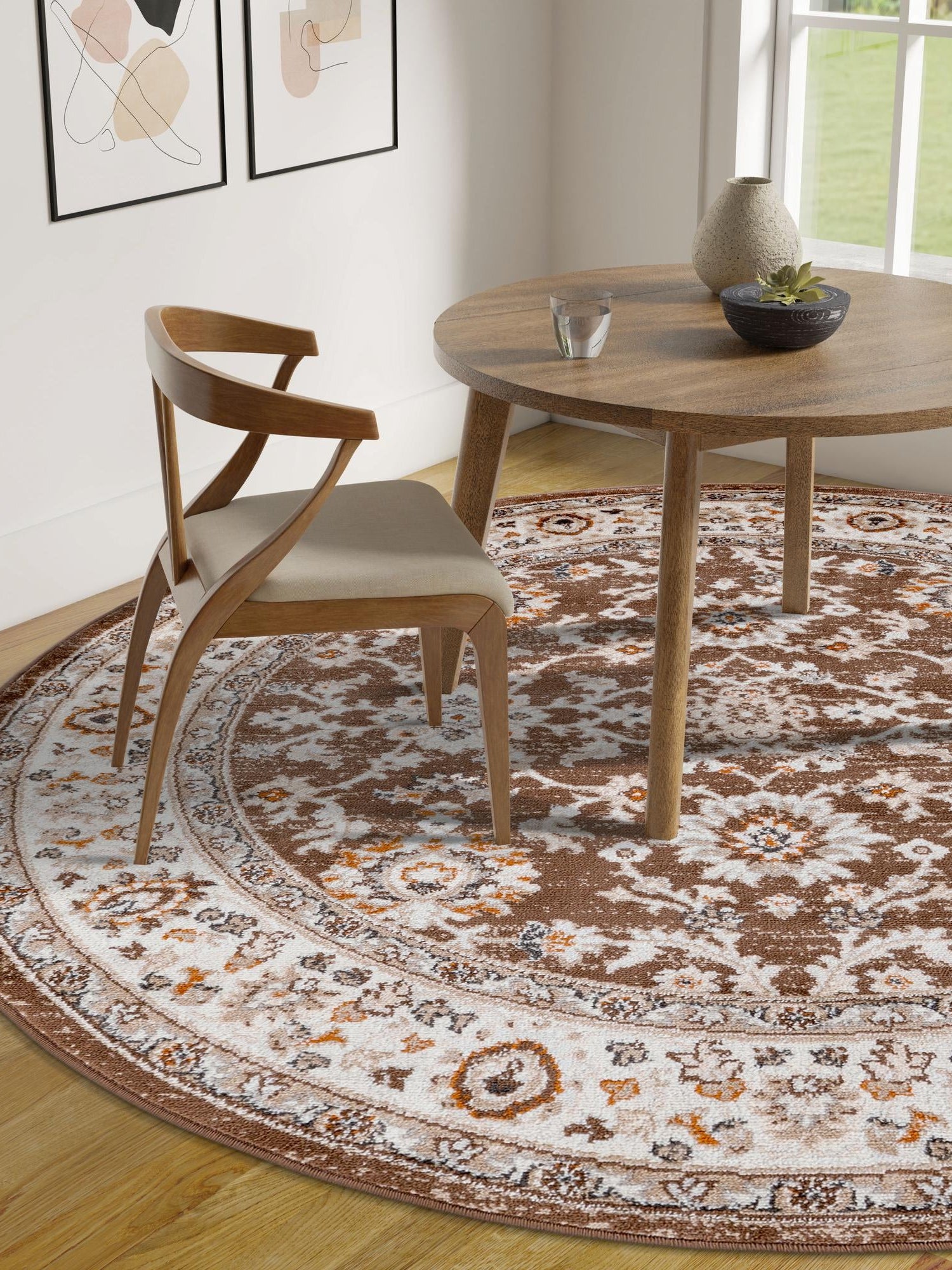 Brown 3' 1 x 3' 1 Charlotte Round Area Rug 100% Polypropylene With Jute Backing Traditional Classical Durable Carpet for Living Dining Office Rooms for Sale at Rug Engine