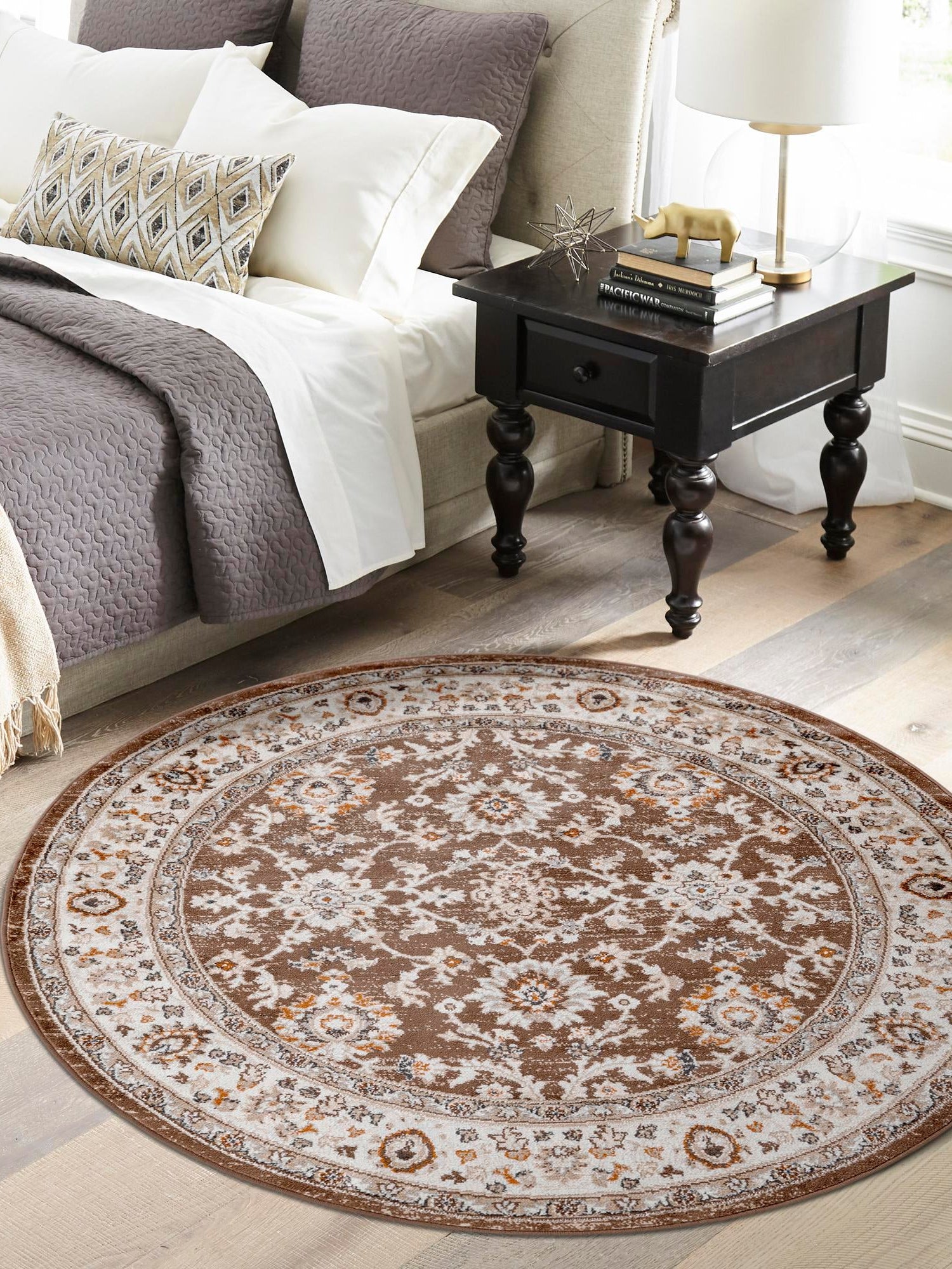Brown 5' 3 x 5' 3 Charlotte Round Area Rug 100% Polypropylene With Jute Backing Traditional Classical Durable Carpet for Living Dining Office Rooms for Sale at Rug Engine