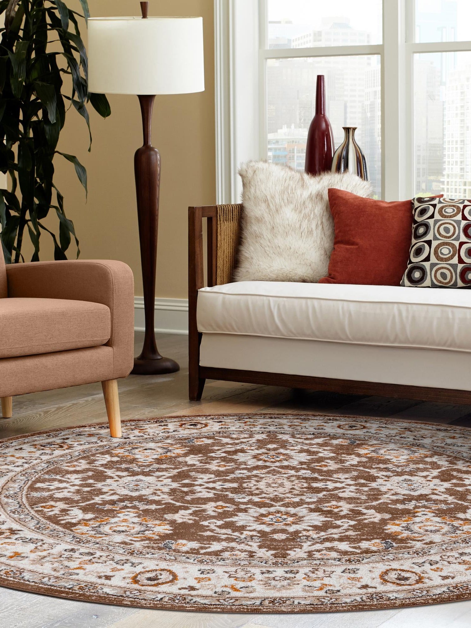 Brown 5' 3 x 5' 3 Charlotte Round Area Rug 100% Polypropylene With Jute Backing Traditional Classical Durable Carpet for Living Dining Office Rooms for Sale at Rug Engine