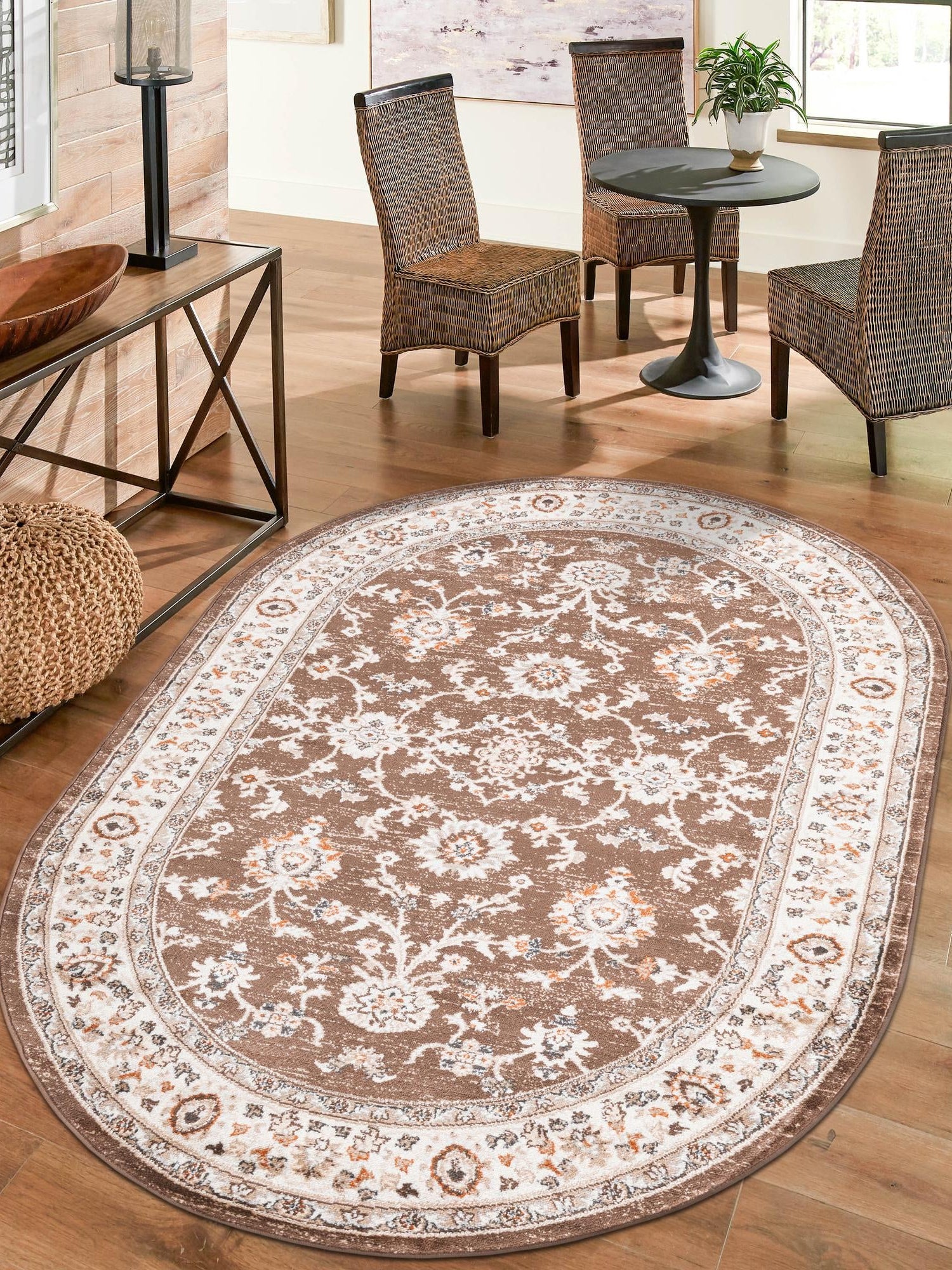 Brown 4' 1 x 6' 1 Charlotte Oval Area Rug 100% Polypropylene With Jute Backing Traditional Classical Durable Carpet for Living Dining Office Rooms for Sale at Rug Engine