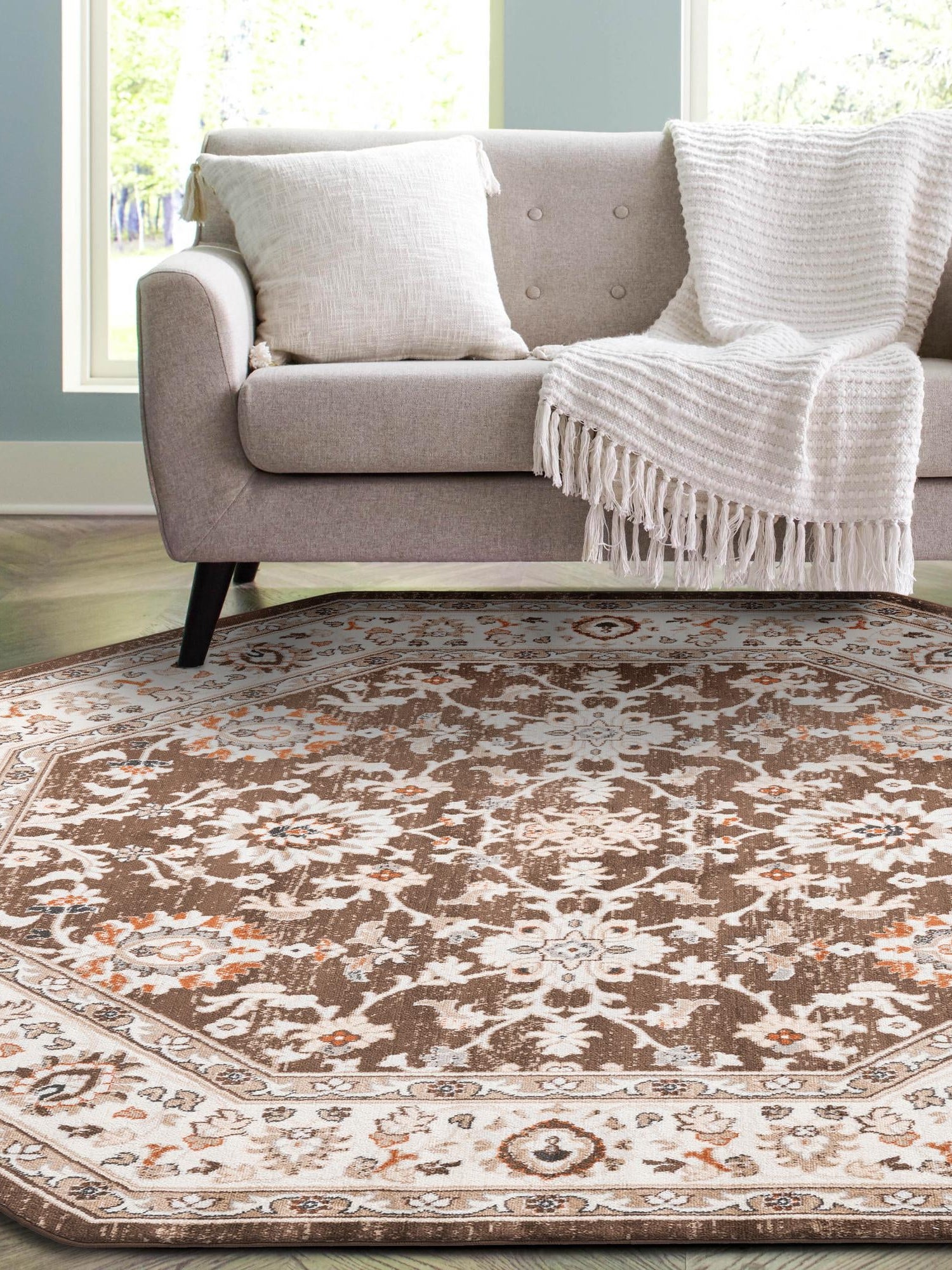 Brown 7' 10 x 7' 10 Charlotte Octagon Area Rug 100% Polypropylene With Jute Backing Traditional Classical Durable Carpet for Living Dining Office Rooms for Sale at Rug Engine