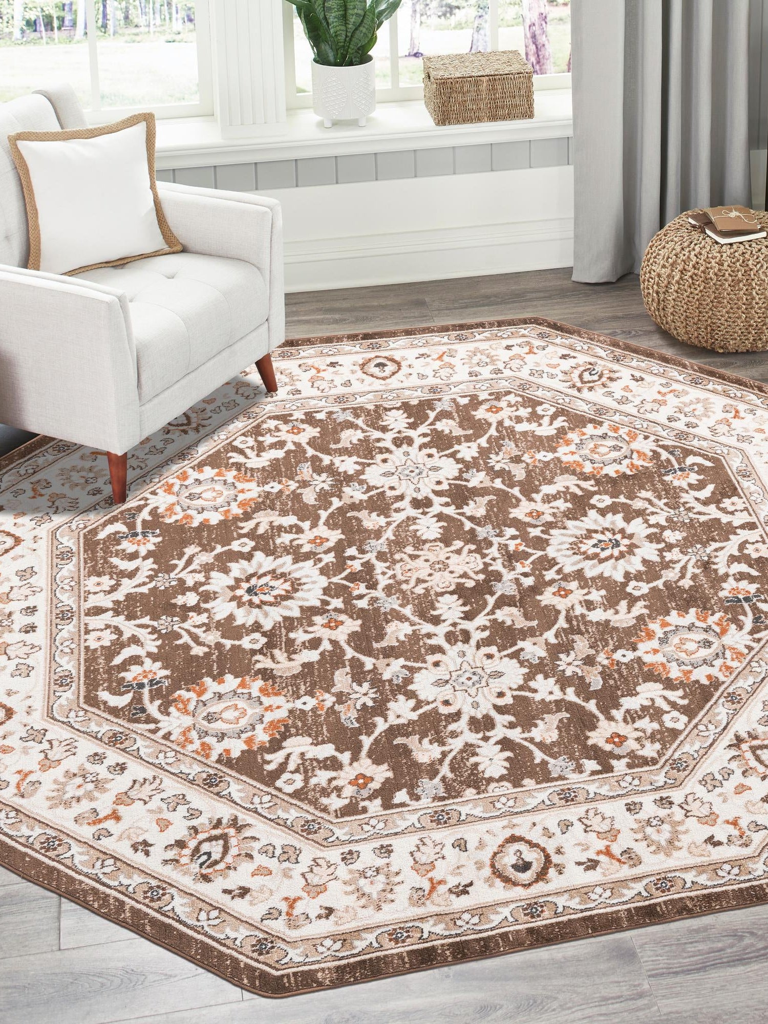 Brown 7' 10 x 7' 10 Charlotte Octagon Area Rug 100% Polypropylene With Jute Backing Traditional Classical Durable Carpet for Living Dining Office Rooms for Sale at Rug Engine