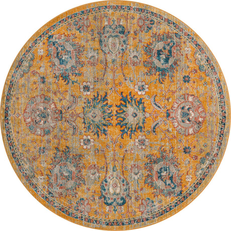 Yellow 7' x 7' Lola Round Area Rug Polypropylene With Jute Backing Traditional Pattern Easy Clean Carpet for Home Interior Design for Sale at Rug Engine
