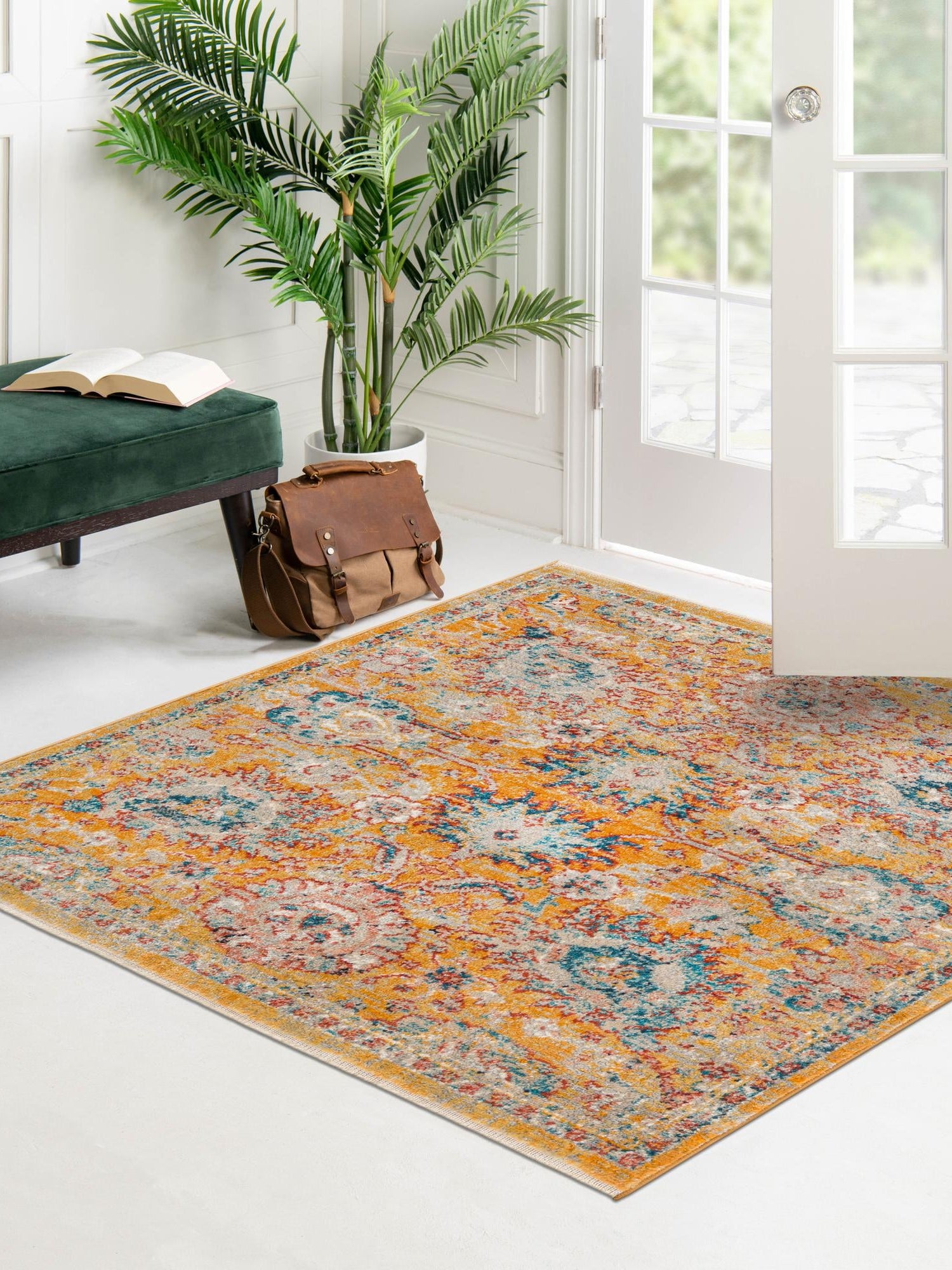 Yellow 7' 10 x 7' 10 Lola Square Area Rug Polypropylene With Jute Backing Traditional Pattern Easy Clean Carpet for Home Interior Design for Sale at Rug Engine